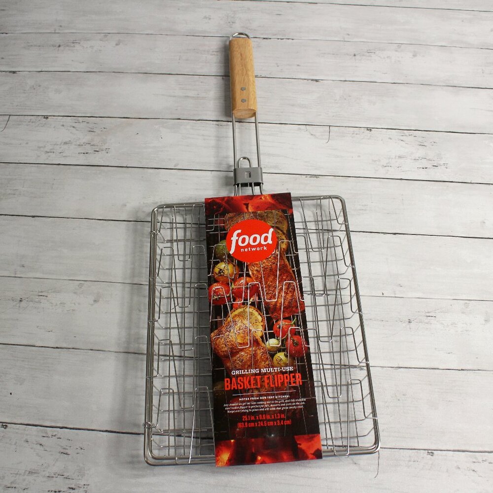 Food Network Wire Grill Basket Flipper Stainless Steel Wood Handle Barbeque Tool